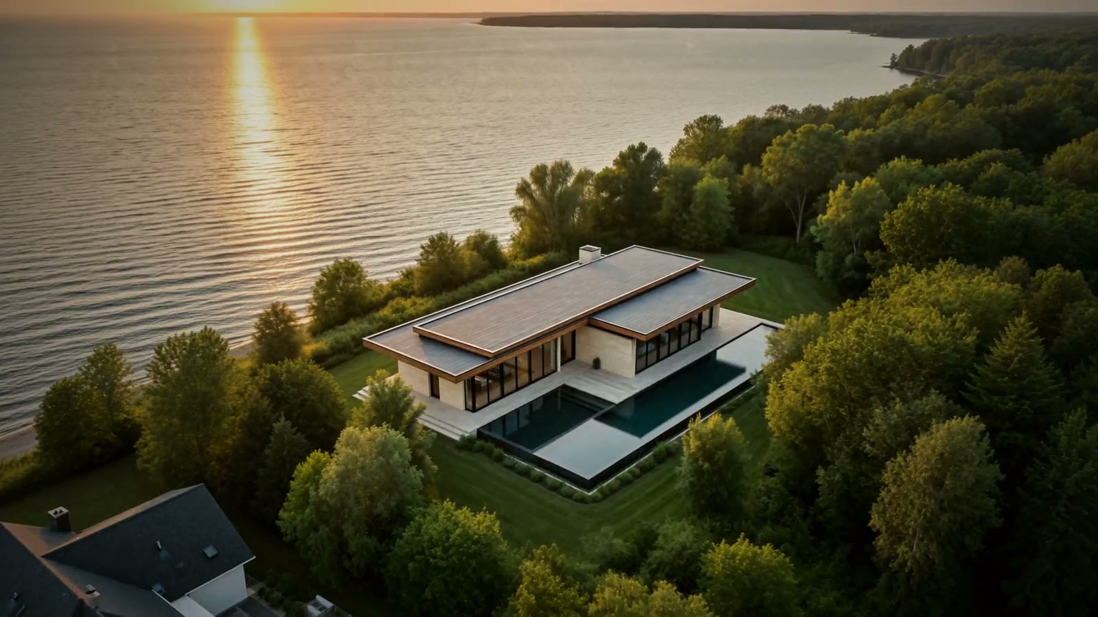 A contemporary limestone lakefront estate glowing at sunset